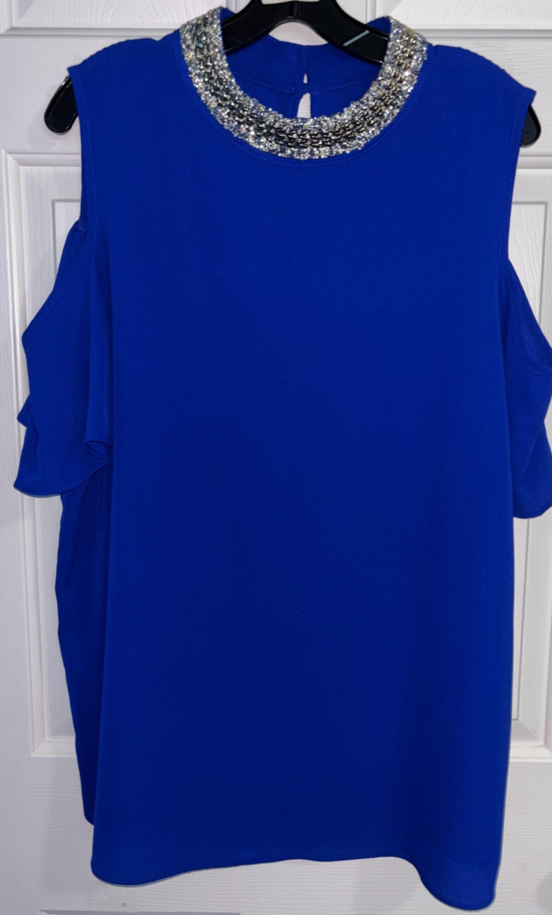 Maureen Royal Blue Cold Shoulder Blouse Womens 2X Rhinestone Collar Party Top